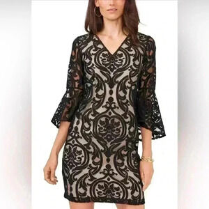MSK Womens Lace Bell Sleeve Midi Dress Black Lace Nude Lining Size 12 NWT *FLAW*